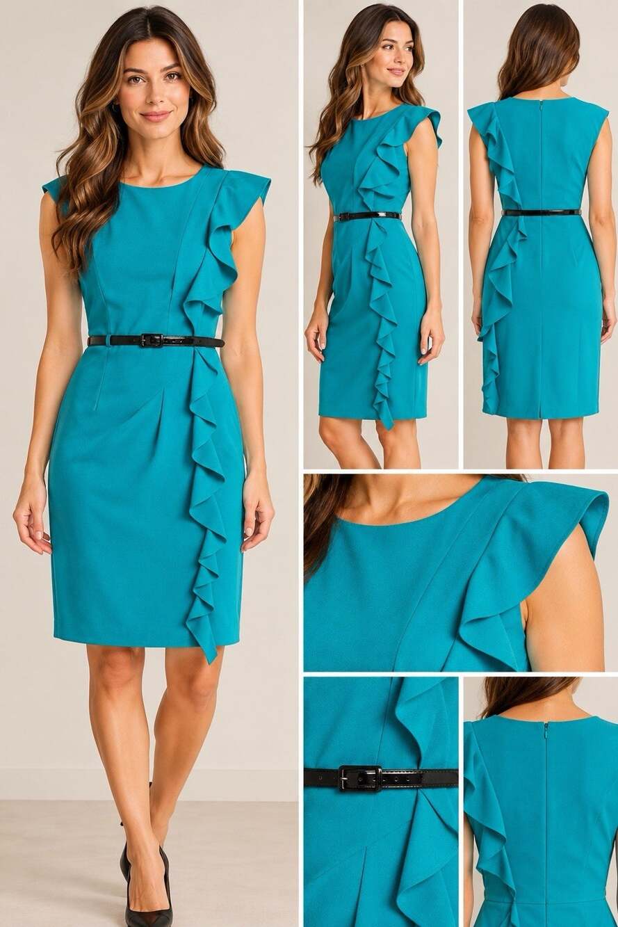 Calvin Klein Ruffle Trim Sleeveless Sheath Dress Size 2 Blue